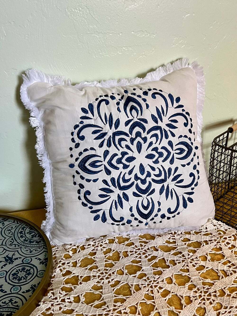 Blue and White Mandala Embroidered Decorative Throw Pillow with Fringed Edge